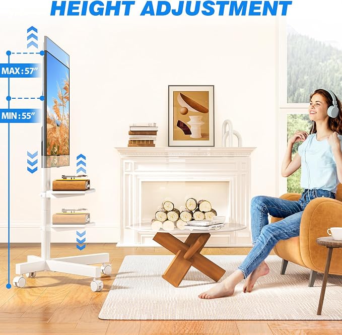 Rfiver Mobile TV Stand for 23-65 Inch LCD LED Flat/Curved Panel Screen TVs up to 88 lbs, Rolling TV Stand with Adjustable Shelf & Tilt, Portable Floor Stand on Wheels for Bedroom, Living Room, White - Image 3