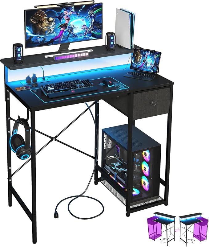 X-cosrack 33.5" Small Gaming Desk with LED Lights & Long Monitor Stand, Compact Computer Desk with Power Outlets & CPU Stand, Gamer Table with Storage Drawer for Home Office, Bedroom Corner, Black by X-cosrack