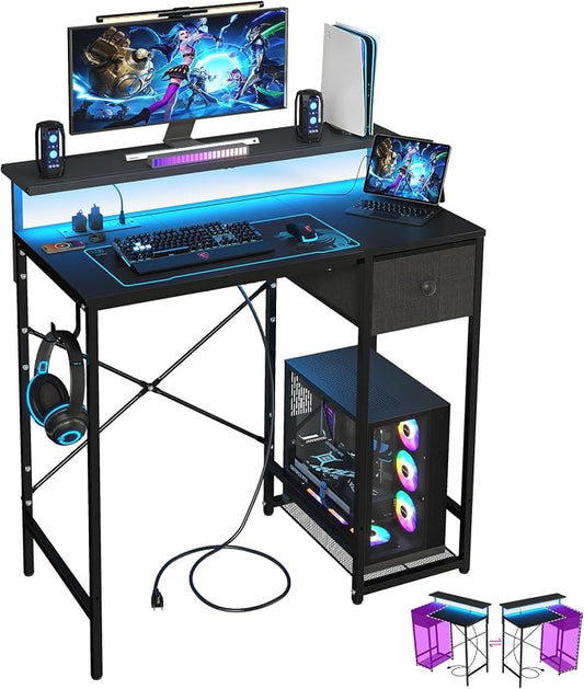 X-cosrack 33.5" Small Gaming Desk with LED Lights & Long Monitor Stand, Compact Computer Desk with Power Outlets & CPU Stand, Gamer Table with Storage Drawer for Home Office, Bedroom Corner, Black by X-cosrack