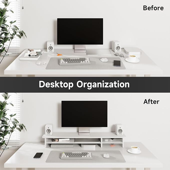 Fenge Monitor Stand, Dual Monitor Riser, 42.5inch Large Desk Computer Monitor Stand Riser with Drawer, 2 Tier Wood & Acrylic Desktop Organizer for Computer, Laptop, Printer, TV Screen Riser - Image 9