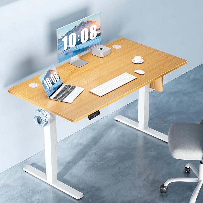 DUMOS 48 Inch Electric Standing Desk, Memory Adjustable Home Office Desk | Sit Stand Up Desk for Work Home Office,Adjustable Desk, Rising Computer Table with Splice Board,Cable Management,Hook,Oak - Image 2