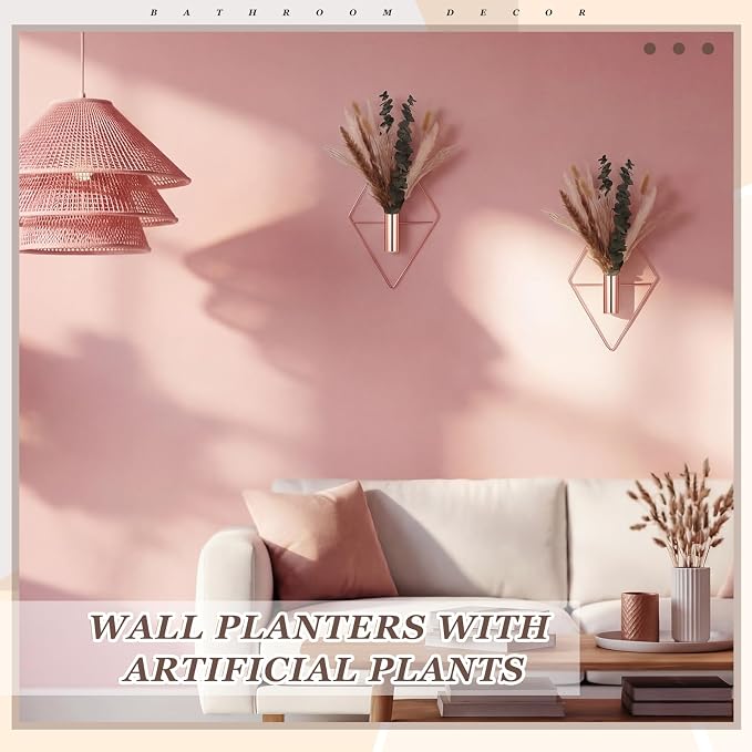 Jexine 4 Pcs Hanging Planters with Artificial Pampas Rose Gold Metal Hanging Vase Indoor Plants Holder Modern Geometric Boho Bathroom Wall Decor for Living Room Home Office - Image 4