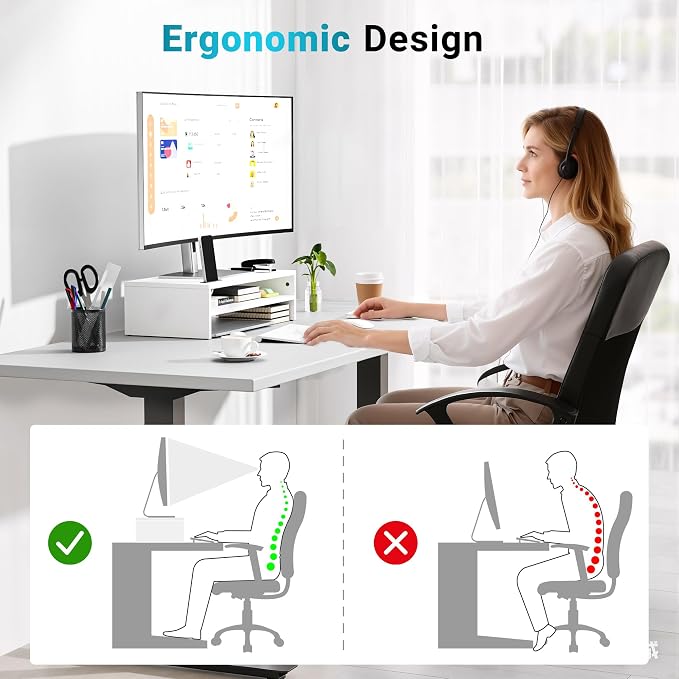BONTEC Wood Monitor Stand Riser, 2-Tier Desktop Organizer | Ergonomic Computer Stand for Desk, Cable Management, Cellphone Holder, 21.3 Inch Shelf, White - Image 6