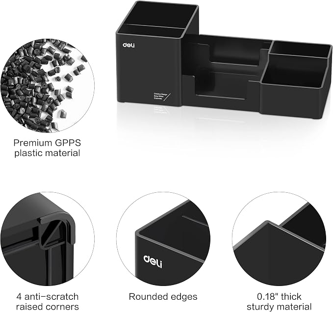 deli Desk Organizer, Plastic Desktop Organizer with Pencil Holder and Sticky Note Tray, Office Stationery Supplies Organizers Accessories Caddy, 6 Compartments, Black - Image 5