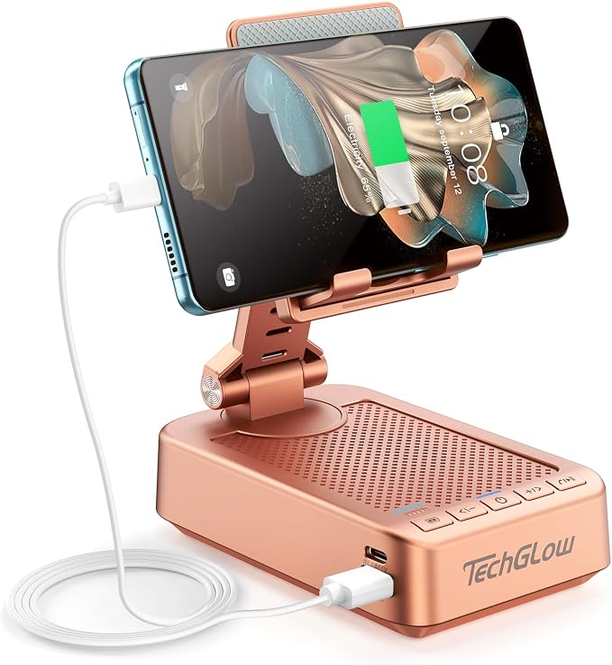 TechGlow Gifts for Men Women Foldable Cellphone Stand with Bluetooth Speaker and Charging Function 360° Rotatable Phone Stand Birthday Gift Idea for Mom Dad Cool Tech Gifts-Rose Gold by TechGlow