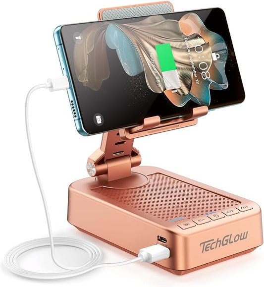 TechGlow Gifts for Men Women Foldable Cellphone Stand with Bluetooth Speaker and Charging Function 360° Rotatable Phone Stand Birthday Gift Idea for Mom Dad Cool Tech Gifts-Rose Gold by TechGlow
