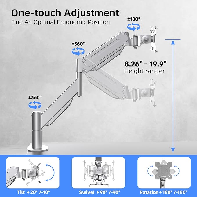 Suptek Ultrawide Monitor Arm Mount for 17 to 49 Inch Heavy Duty Curved Screen,Holds 46.2 lbs,Adjustable Gas Spring Monitor Arm Desk Mount Stand,75/100 Vesa Mount,Silver(MD71LS) - Image 3