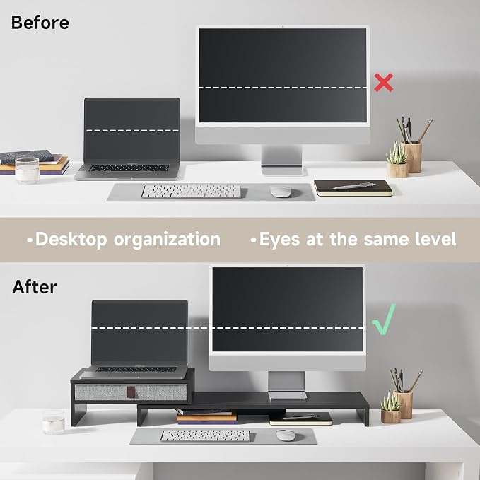 Fenge Computer Monitor Riser Stand with Drawer for 2 or 3 Monitors ,Adjustable Length and Angle Desktop Laptop Stand,Office Organizer,Printer,Black - Image 7