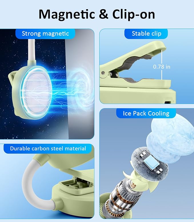 Magnetic Phone Fan with Ice Cooling, 3-in-1 Clip on Fan & Phone Stand, Rechargeable Mini Handheld Fan, 360° Flexible Gooseneck Portable Fan for Cruise Travel Desk Gym Makeup（Green） - Image 7