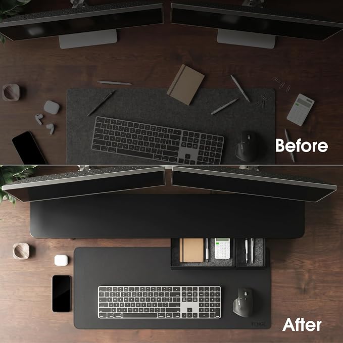 Fenge 42.5" Monitor Stand with Storage Drawers, Minimalist Monitor Riser with Solid Ash Legs and Cable Management, Wooden Desk Shelf for Home Office Workspaces, Black - Image 7
