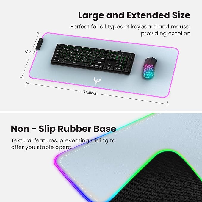 BladeHawks RGB Gaming Mouse Pad Extra Large Extended 31.5x12 Inch-Grey | LED mouse pad with 14 lighting modes, covers keyboard & mouse, anti-slip rubber base, waterproof surface, USB powered - Image 5