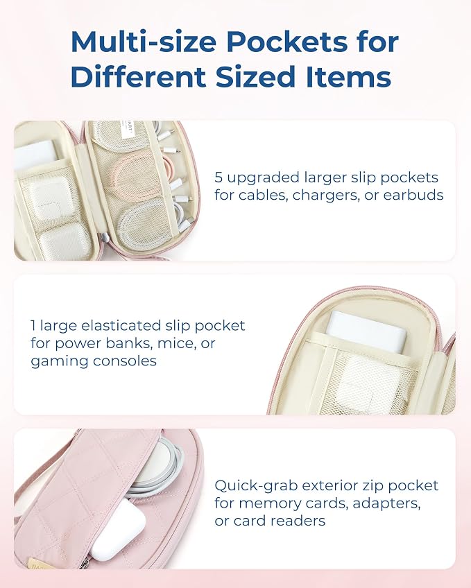 BAGSMART Cord Organizer Travel Cable Bag, Compact Tech Electronic Organizer Travel Case, Essentials for Charger, Cable, Phone, Flash drive - Pink - Image 4