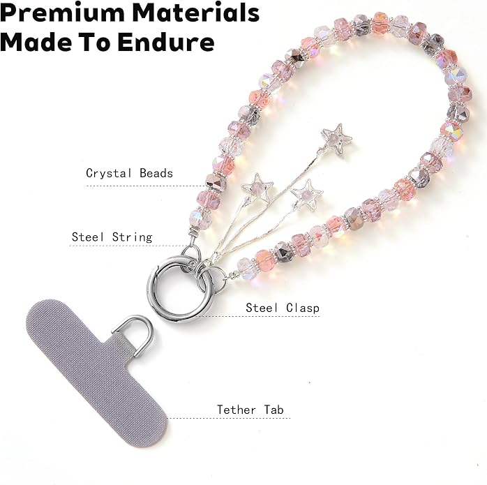 Phone Charm with Beaded Crystals, Anti-Theft Phone Strap, Hands-Free & Detachable Cellphone Lanyard, Cellphone Chain Wristlet with Tether Tab - Image 3