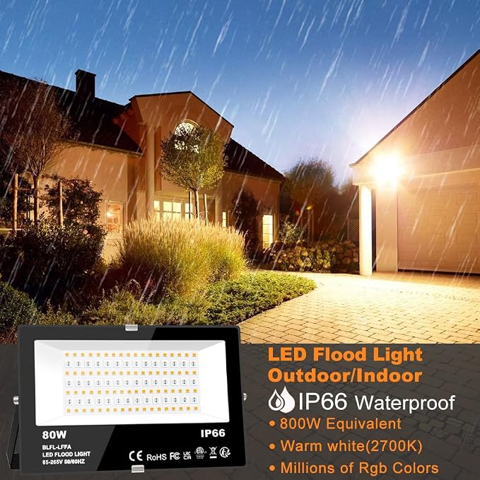MELPO LED Flood Light Outdoor 800W Equivalent 8000LM Smart RGB Landscape Lighting with APP Control, DIY Scenes - Timing - Warm White 2700K - Color Changing Uplight, IP66 Waterproof US Plug (2Pack) - Image 2