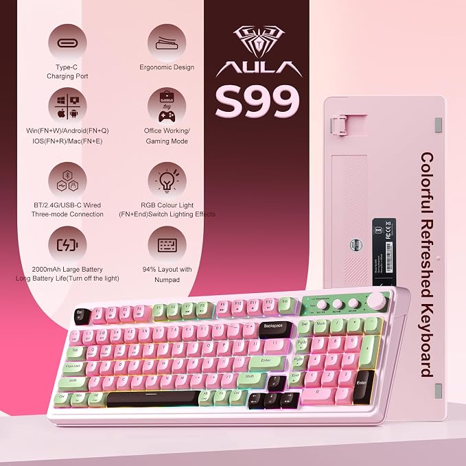 AULA Keyboard, Wireless Gaming Keyboard Creamy Bluetooth Computer Keyboards | 99 Key, Membrane Keyboard with Number Pad,RGB Backlit,Tri-Mode BT/2.4GHz/USB-C,Pink&Green&Coffee Color - Image 2