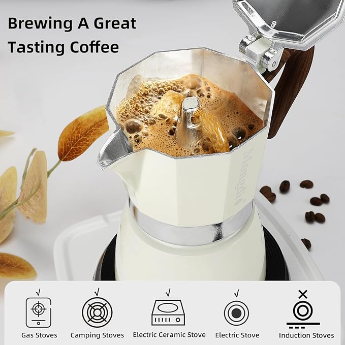 Mongdio Stovetop Espresso Maker Moka Pot, Cuban Coffee Maker Stove top coffee maker Moka Italian Espresso Greca Coffee Maker Brewer Percolator, 6 Espresso Cups, 10 oz - White - Image 6