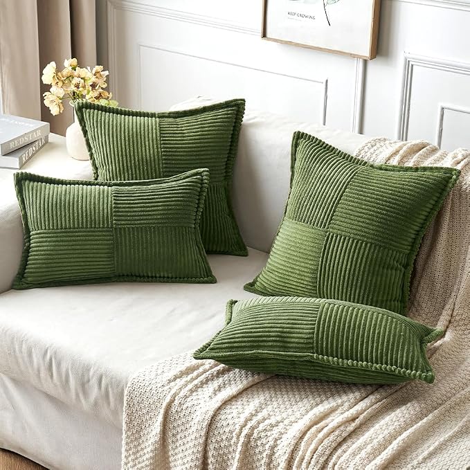 MIULEE Spring Decorative Throw Pillow Covers for Couch Bed Livingroom 18x18 Inch Set of 2 Moss Green Boho Accent Throw Pllows Broadside Striped Patchwork Soft Corduroy Summer Pillowcases - Image 4