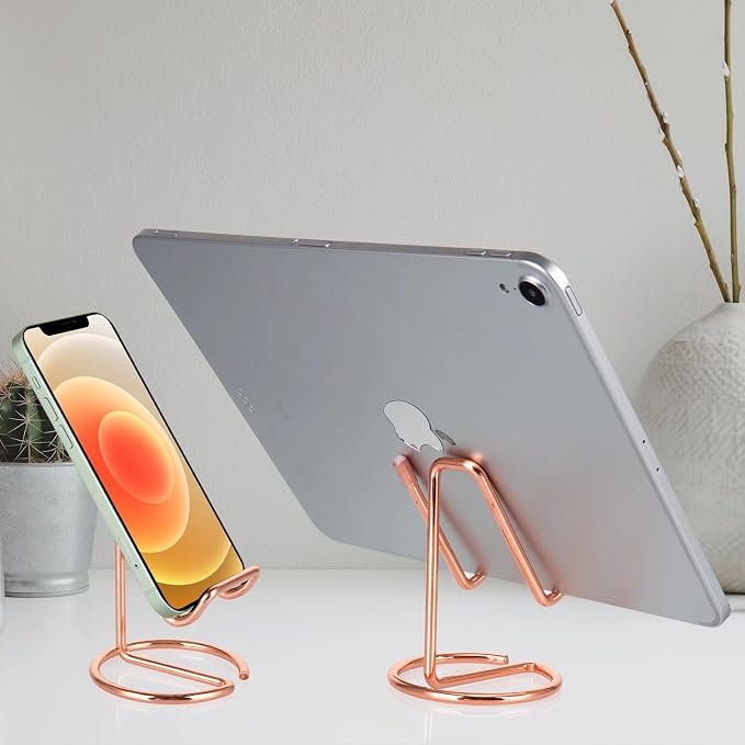ROPOSY 2 Pack Cell Phone Stand for Desk, Cute Metal Rose Gold Cell Phone Stand Holder Desk Accessories, Compatible with All Mobile Phones, iPhone, iPad - Image 6