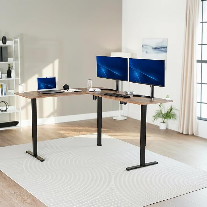 VIVO Vintage Brown 75 x 63 in Corner Standing Desk, DESK-E3CTN-75 | Electric, Large Reversible L-Shaped Table, Sit Stand Height Adjustable, Memory Controller, Office Furniture Sets, Black Frame - Image 2