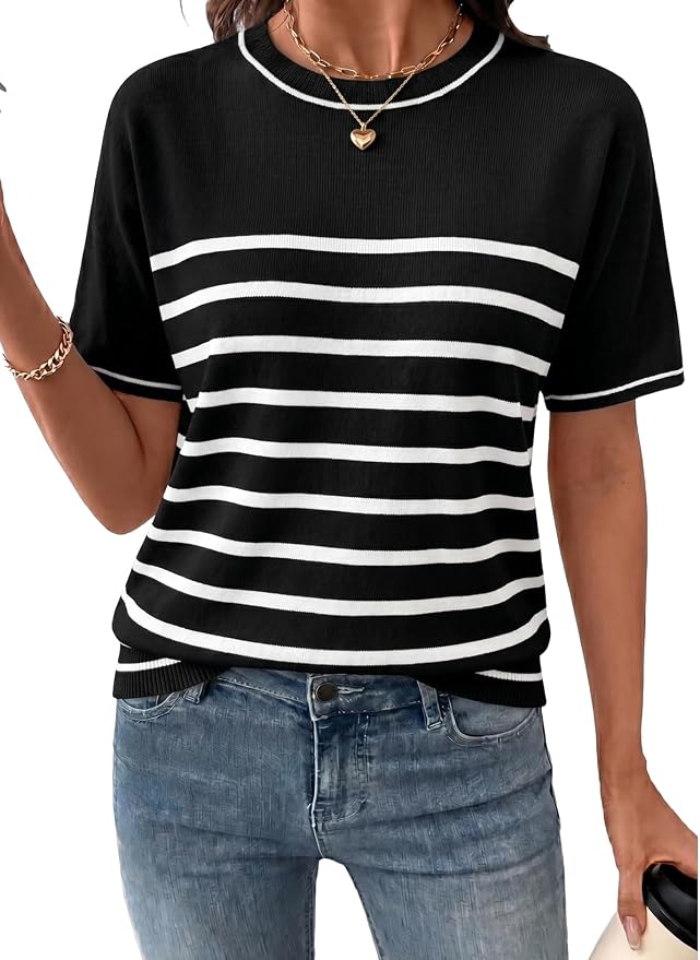 SHEWIN Womens Tops Trendy Short Sleeve Shirts Crewneck Lightweight Knit Sweater Top Business Casual Outfits by SHEWINBeYourFashionStylist