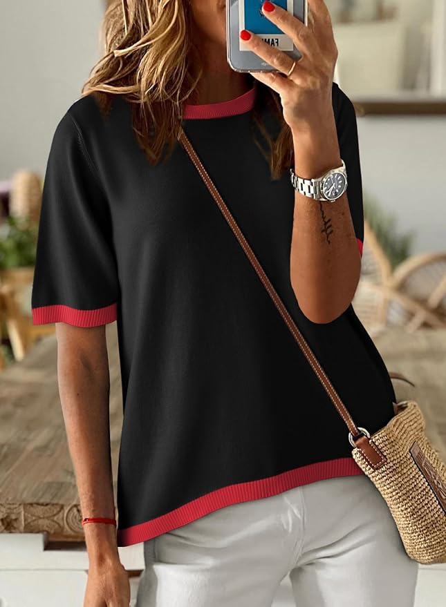 Dokotoo Womens Tops 2026 Casual Summer Crewneck Short Sleeve Striped Color Block Knit High Low Trendy Pullover Sweaters - Image 2