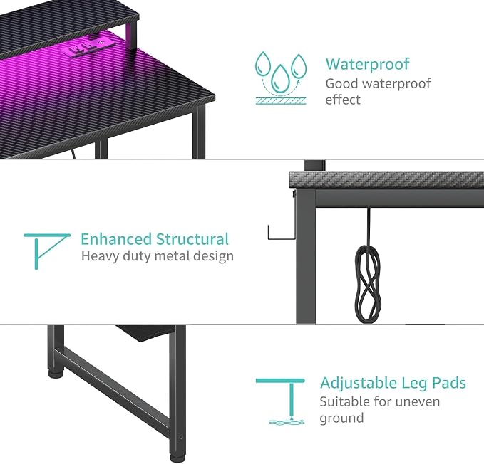 Lufeiya Gaming Desk with Power Outlets and LED Lights, 40 Inch Gamer Desk Table with Charging Station, Home Office Computer Desks with Monitor, Black - Image 8