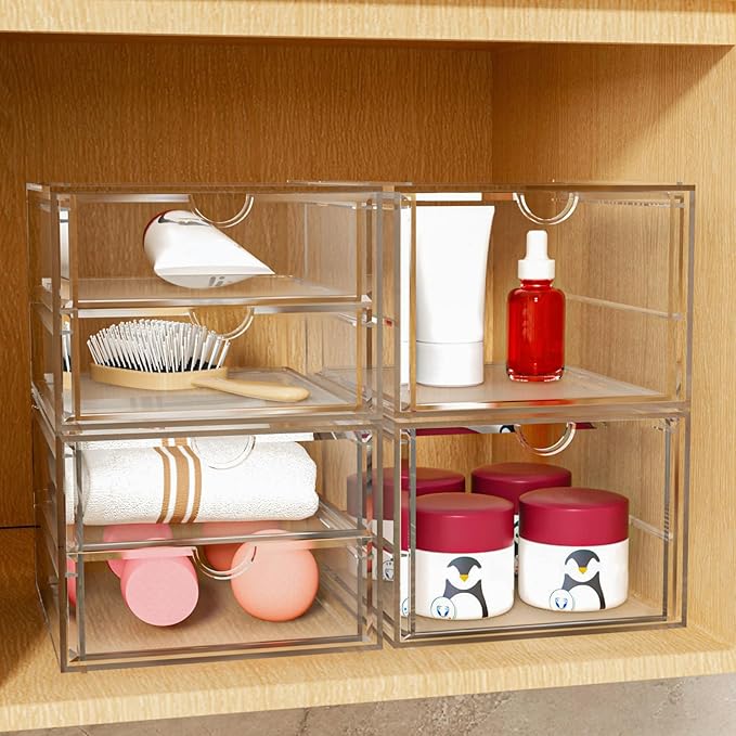 caktraie 4-Pack Acrylic 6-Drawer Office & Makeup Storage Organizer,Desk | Smooth-glide drawers, clear body, dustproof, wipe clean, for stationery, lipsticks, blush palettes, hair clips, sticky notes - Image 2
