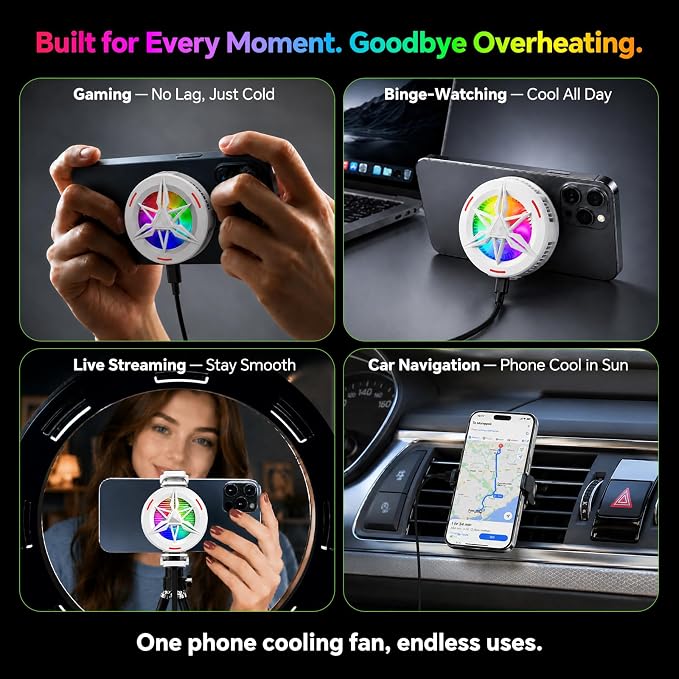 Basics RGB Magnetic Phone Cooler, Low Noise USB Gaming Cooling Fan, Magnetic Ring & Clip Compatible with iPhone/Andriod Phone - Image 2