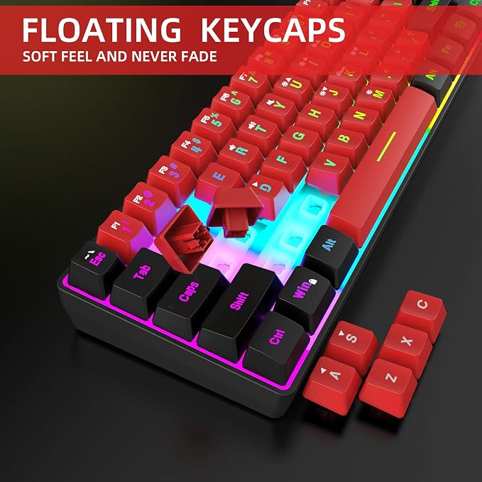 Snpurdiri 60% Wired Gaming Keyboard,True RGB Small Compact 61 Keys Mini Keyboard for PC/Mac Gamer, Typist, Travel, Easy to Carry on Business Trip(Black-Red) | Mini Gaming Keyboard for PC/Mac Gamer, Typist, Travel, Easy to Carry on Business Trip - Image 2