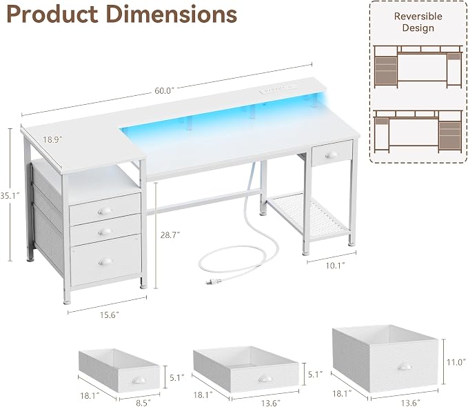 Furologee 60" White Computer Desk with 4 Drawers, Power Outlet, LED Lights | Home Office Desk with Full Monitor Stand,Storage Shelves, 4 File Drawers Cabinet ,Printer Space for Study Working Bedroom - Image 3