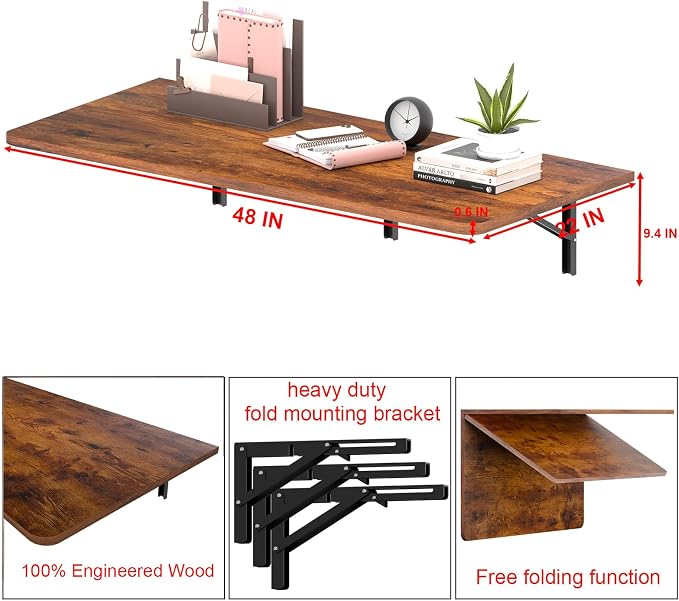 IAE 48x22in Floating Fold Desk,Wall-Mounted Folding Computer Table,Rustic | Study Table with Shelf Brackets,Foldable Down Shelf with Engineered Wood,Fold Computer Desk for Small Apartment,Holds 506 lb - Image 2