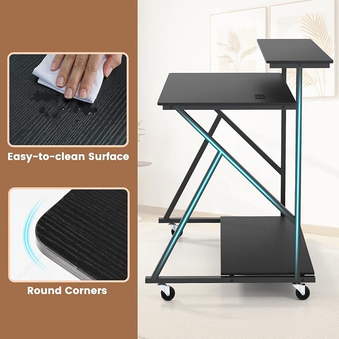 Giantex Rolling Computer Desk with Charging Station, Mobile Portable Laptop Desk with Monitor Stand & Storage Shelf, Small Desk with Lockable Wheels for Small Spaces, Home Office (Black) - Image 7