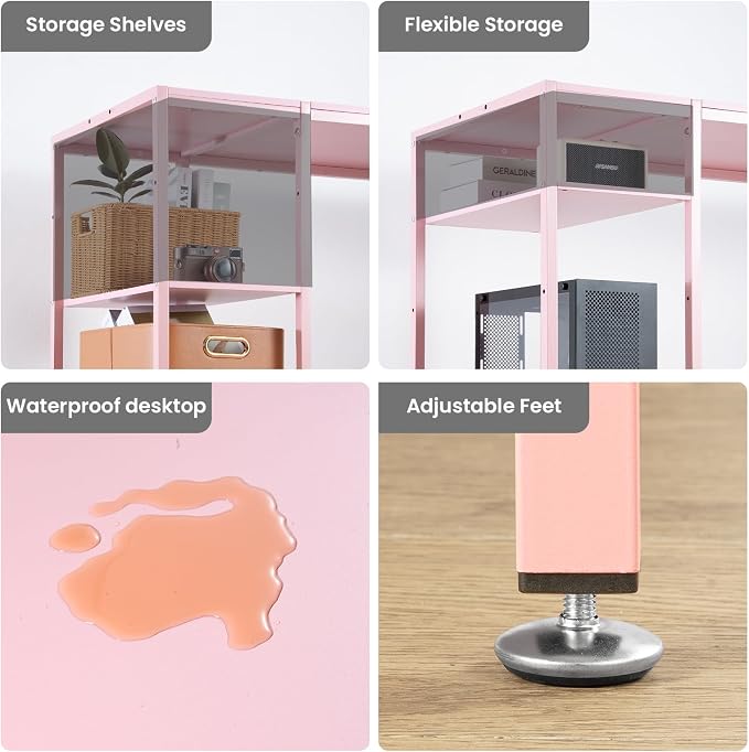MINOSYS 47-inch Computer Desk with Storage Shelf - Ideal Gaming Desk for Bedrooms, Small Spaces, and Home Offices Modern Writing Desk for PCs,Pink Table. - Image 6