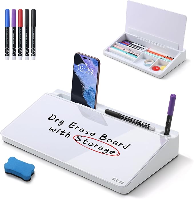 SELEAD Desktop Glass Whiteboard with Storage, Small Dry Erase White Board Computer Pad Keyboard Stand for Home, School, Office Desk Accessories - White by SELEAD