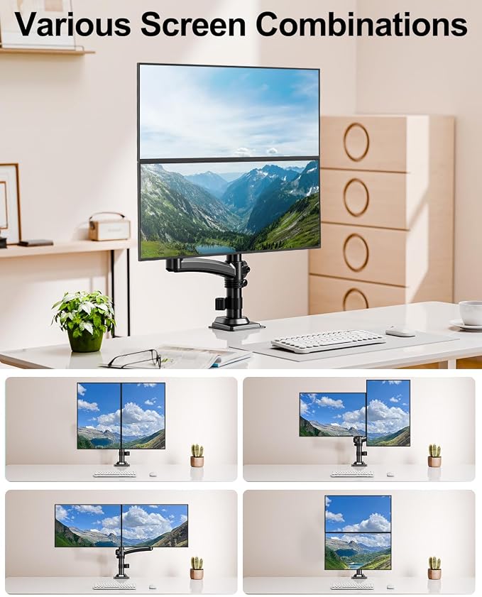 Dual Monitor Stand for 2 Screens up to 32 inch, Vertical Stacked Dual Monitor Mount, Full Motion Adjustable Tall Double Monitor Desk Mount, Each Arm Holds 4.4-22lbs, VESA 75/100mm, Black, Freelift - Image 8