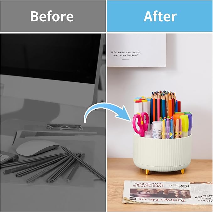 Marbrasse Desk Organizer, 360-Degree Rotating Pen Holder, 5-Compartment Pencil Organizer, Art Supply Storage Box Caddy for Office and Home (Ivory) - Image 7