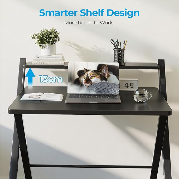 GreenForest Folding Desk No Assembly, Sturdy Computer Desk for Small Spaces | Portable Foldable Table for Laptop, 2-Tier Compact with Shelf, Space Saving for Home Office, Dorm, Apartment, 27"x 22" Black - Image 5