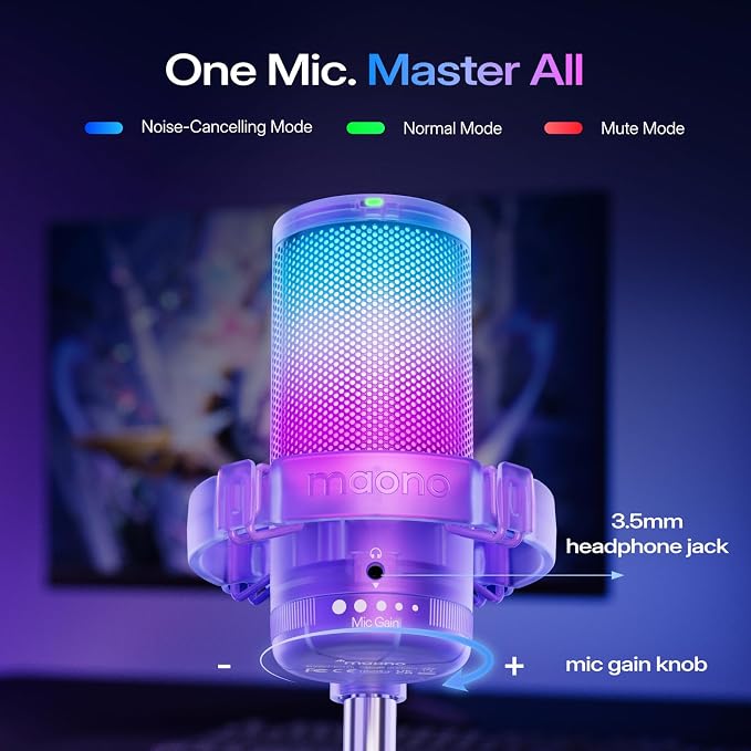 MAONO DGM20S USB Microphone for PC with Clear Voice & Noise Reduction | RGB Lighting, Tap-to-Mute, Gain Control, Monitoring and Boom Arm for Discord Gaming, Streaming, Content Creation.Purple - Image 5
