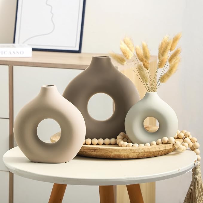 Vanselia Ceramic Vase Home Table Decor - Flower Vases Set of 3 Small Living Room Centerpiece Decorations for Shelf Bedroom Office Kitchen Dining Desk Modern Aesthetic Farmhouse Decorative (Farmhouse) - Image 4