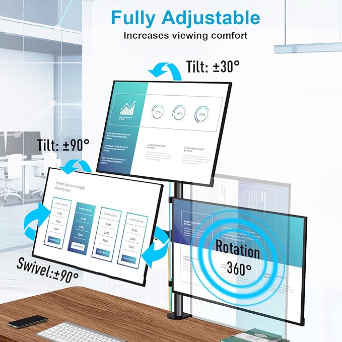 MOUNTUP Triple Monitor Stand, Height Adjustable Monitor Desk Mount Fit for 17 to 32 Inch Computer Screens, Stacked Monitors Arm for 3 Monitors, with C-Clamp and Grommet Base, up to 17.6lbs per Arm - Image 3