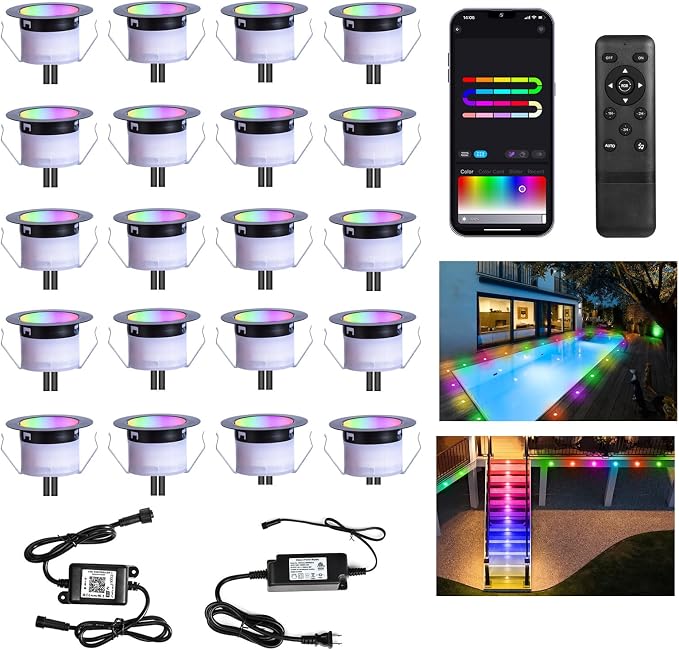 Sumaote LED Deck Lights Kit, 20 Pack 1.77" RGBW+IC Multicolor Dynamic Low Voltage Recessed Landscape Lights, IP67 Waterproof 12V Step Light Outdoor for Garden Yard Path Ground Stairs by Sumaote