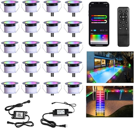 Sumaote LED Deck Lights Kit, 20 Pack 1.77" RGBW+IC Multicolor Dynamic Low Voltage Recessed Landscape Lights, IP67 Waterproof 12V Step Light Outdoor for Garden Yard Path Ground Stairs by Sumaote