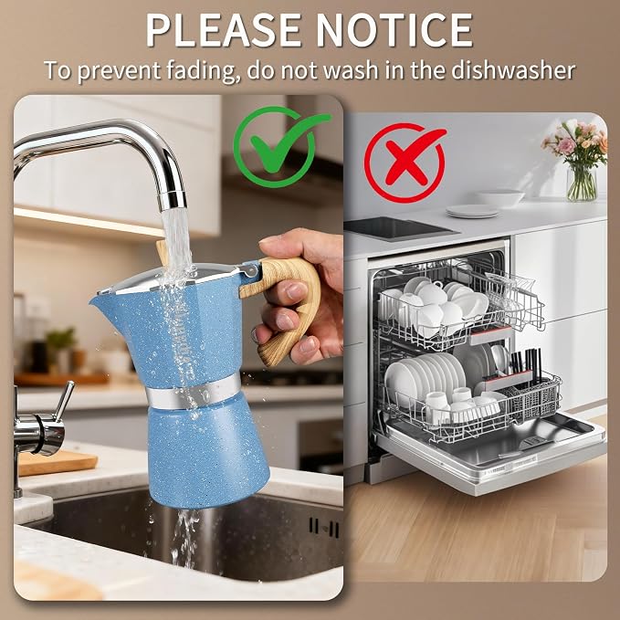 Mongdio Stovetop Espresso Maker Moka Pot, Cuban Coffee Maker Stove top coffee maker Moka Italian Espresso Greca Coffee Maker Brewer Percolator, 6 Espresso Cups, 10 oz - Blue - Image 7