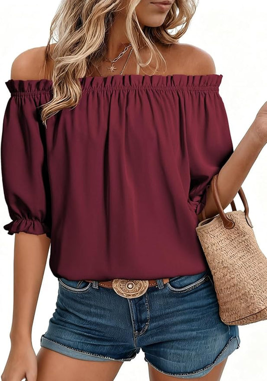 EVALESS Womens Tops Off The Shoulder Blouses for Women Dressy Casual Cute Puff Sleeve T Shirts Fashion 2026 by EVALESS