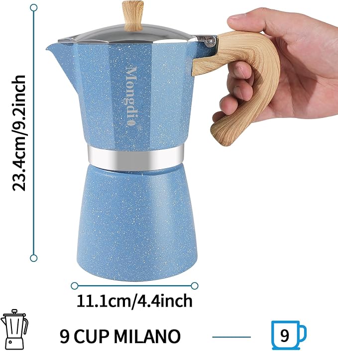 Mongdio Stovetop Espresso Maker Moka Pot, Cuban Coffee Maker Stove top coffee maker Moka Italian Espresso Greca Coffee Maker Brewer Percolator, 9 Espresso Cups, 15 oz - Blue - Image 5