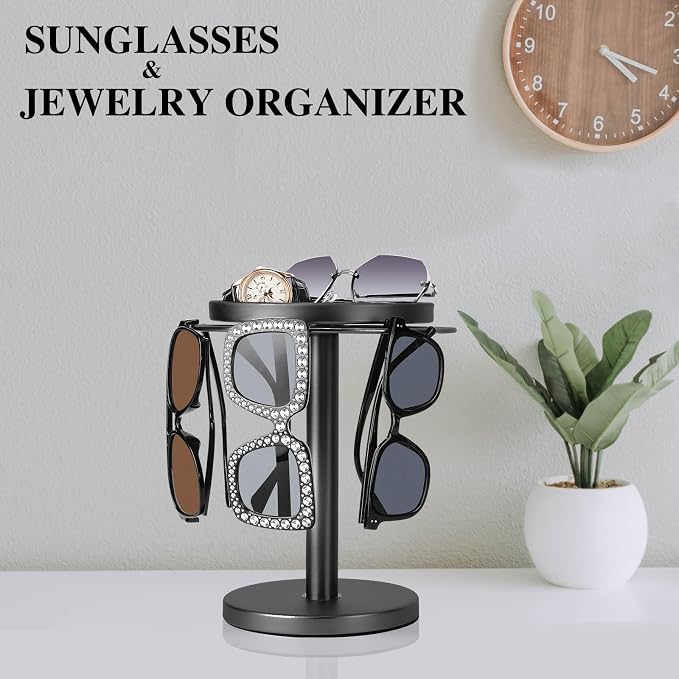 kondyfayo 360 Rotating Sunglass Organizer Glasses Holder (Titanium Black) | Stainless Steel Stand with 360 Rotation Holds 9 to 12 Pairs. Top Tray Stores Rings, and Keys for Desk, Dresser, Nightstand - Image 4