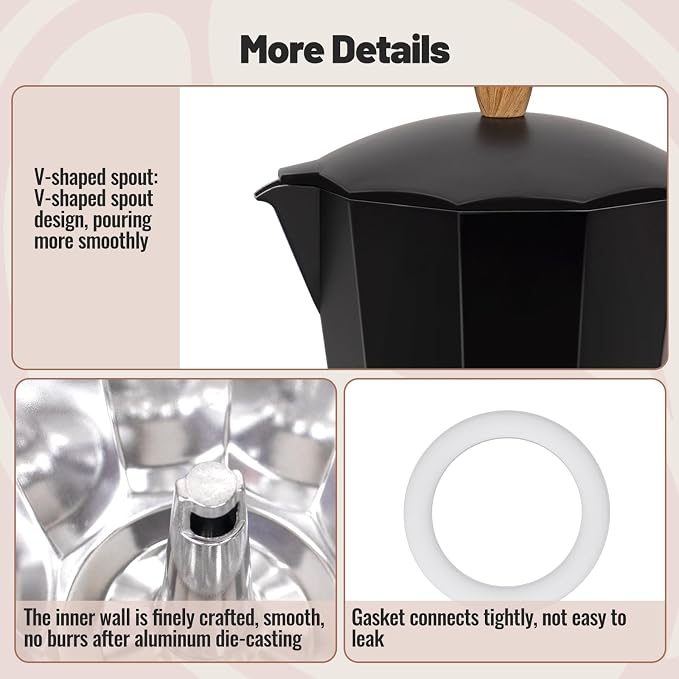 6 Cup Aluminum Moka Pot Classic Stovetop Espresso Coffee Maker 300ml 10oz Coffeemaker Percolator Mocha Pot Greca Coffee Maker Cafe Makers for Italian and Cuban Café Brewing Black - Image 6