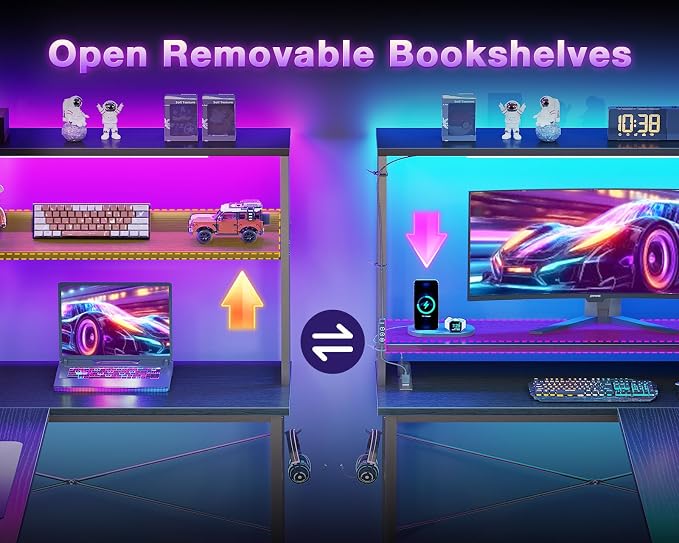 ODK 61" L Shaped Gaming Computer Desk with Shelves, LED & Outlets, Black | Headset hook. Storage bag. Shelves for books & supplies. LED for gaming nights. Reversible. Room for multiple monitors. - Image 6