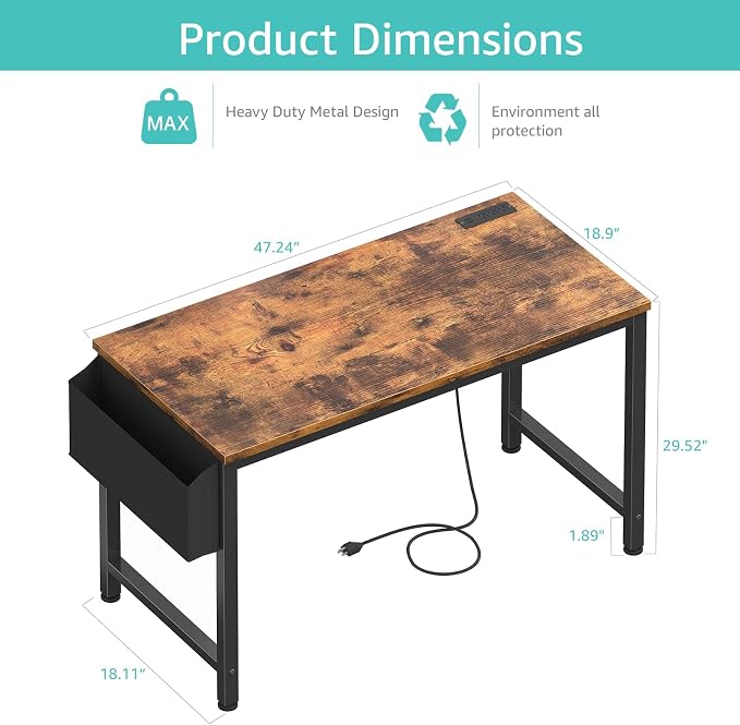 Lufeiya Computer Desk with Power Outlet, 47 inch Teen Study Table Home Office Work Writing Gaming Desks with Charging Station Outlets Built in, Brown - Image 3