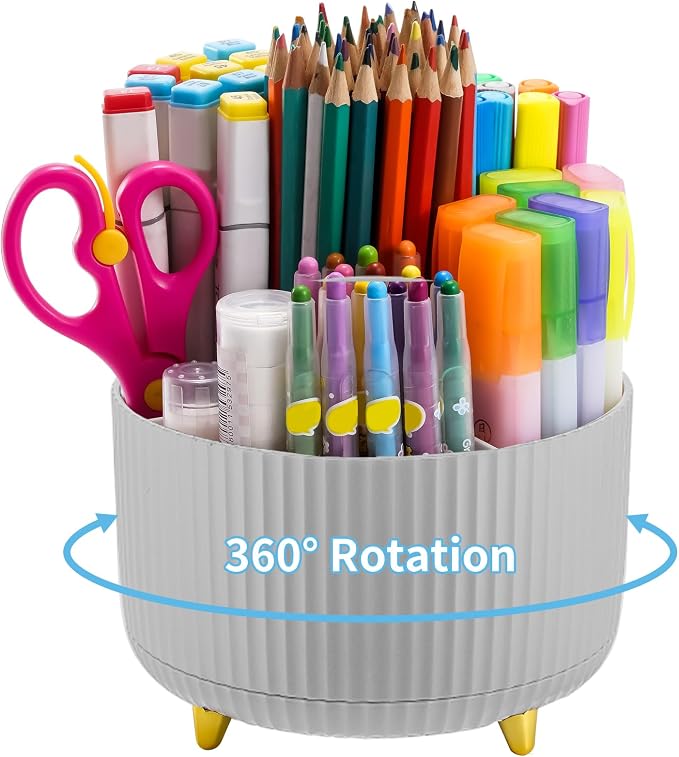 Marbrasse Desk Organizer, 360-Degree Rotating Pen Holder, Desk Organizers and Accessories with 5 Compartments Pencil Holder, Art Supply Storage Box Caddy for Office, Home (Grey) by Marbrasse